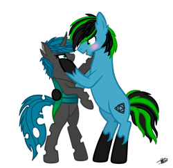 Size: 2830x2746 | Tagged: safe, artist:princessmoonsilver, oc, oc only, oc:onice, oc:tricket, changeling, earth pony, pony, bipedal, changeling oc, couple, duo, high res, simple background, transparent background