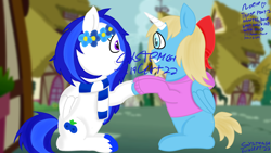 Size: 1366x768 | Tagged: safe, artist:ideletedsystem64, oc, oc only, alicorn, pegasus, pony, blonde, blue mane, bow, clothes, duo, female, floral head wreath, flower, gift art, hair bow, holding hooves, hoodie, mare, ponyville, scarf, smiling, sparkly eyes, striped scarf, wingding eyes