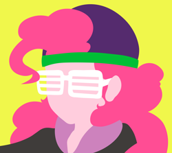 Size: 2594x2312 | Tagged: safe, artist:egor418, pinkie pie, human, equestria girls, equestria girls specials, g4, my little pony equestria girls: dance magic, bust, clothes, female, hat, high res, lineless, mc pinkie, minimalist, no eyes, portrait, shutter shades, simple background, solo, sunglasses, yellow background