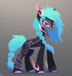 Size: 1900x2000 | Tagged: safe, artist:luminousdazzle, oc, oc only, unnamed oc, earth pony, pony, body markings, braid, braided tail, design, earth pony oc, eyebrows, eyebrows visible through hair, female, frown, gradient background, looking at you, mare, signature, solo, tail