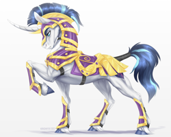 Size: 1000x800 | Tagged: safe, artist:dementra369, shining armor, pony, unicorn, armor, colored hooves, curved horn, helmet, hoers, hooves, horn, looking down, male, muscles, raised hoof, realistic, simple background, slim, solo, stallion, unshorn fetlocks, white background