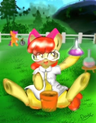 Size: 798x1024 | Tagged: safe, artist:doubt, apple bloom, scootaloo, earth pony, pegasus, pony, g4, twilight time, adorabloom, blushing, butt, clothes, cute, erlenmeyer flask, flask, florence flask, goggles, lab coat, plant pot, plot, safety goggles, spread legs, spreading, unicycle