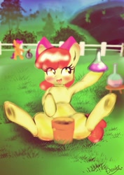 Size: 723x1024 | Tagged: safe, artist:doubt, apple bloom, scootaloo, earth pony, pegasus, pony, g4, twilight time, adorabloom, blushing, butt, cute, erlenmeyer flask, flask, florence flask, plant pot, plot, spread legs, spreading, unicycle