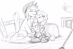 Size: 2897x1975 | Tagged: safe, artist:applephil, applejack, bright mac, pear butter, earth pony, pony, g4, baby, baby pony, babyjack, camera, eyes closed, family, female, filly, filly applejack, foal, grayscale, hoof fingers, male, mare, monochrome, offscreen character, posing for photo, ship:brightbutter, shipping, smiling, stallion, straight, suddenly hands, younger