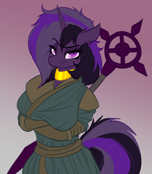 Size: 2248x2568 | Tagged: safe, artist:witchtaunter, oc, oc only, oc:purple haze, unicorn, anthro, big breasts, breasts, clothes, crossed arms, high res, jewelry, mage, necklace, robes, runescape, staff, tail