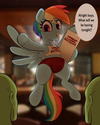 Size: 3297x4096 | Tagged: safe, artist:_ton618_, rainbow dash, oc, oc:anon, human, pegasus, pony, g4, armpits, clothes, confident, dialogue, eyebrows, eyebrows visible through hair, female, female focus, flying, high res, hostess, human male, human oc, male, mare, open mouth, open smile, outback steakhouse, restaurant, short hair, shorts, smiling, solo focus, speech bubble, spread wings, talking, tank top, tomboy, tomboy outback, trio, wings