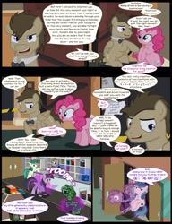 Size: 1042x1358 | Tagged: safe, artist:dendoctor, doctor whooves, mean twilight sparkle, pinkie pie, time turner, alicorn, earth pony, pegasus, pony, comic:clone.., g4, alternate universe, book, bookshelf, bookstore, clone, comic, discord whooves, discorded whooves, female, glowing, glowing horn, homunculus, horn, injured, magic, male, pinkie clone, telekinesis, teleportation, the doctor, twilight sparkle (alicorn)