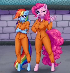 Size: 2000x2100 | Tagged: safe, artist:nika-rain, pinkie pie, rainbow dash, earth pony, pegasus, anthro, g4, clothes, commission, female, high res, jail, prison outfit, prisoner pp, prisoner rd, sketch