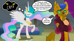 Size: 1136x639 | Tagged: safe, artist:silverbuller, capper dapperpaws, princess celestia, abyssinian, alicorn, cat, pony, anthro, digitigrade anthro, g4, horse play, capper is not amused, cats (musical), chest fluff, unamused