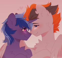 Size: 1776x1680 | Tagged: safe, artist:floweryoutoday, oc, oc only, oc:midnight nova, oc:sukko, pegasus, pony, unicorn, blushing, chest fluff, commission, eye contact, gay, gradient background, heart, horn, hug, looking at each other, looking at someone, male, oc x oc, shipping, stallion, winghug, wings, ych result