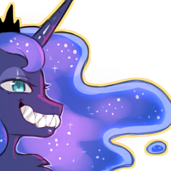 Size: 1159x1159 | Tagged: safe, artist:cold-blooded-twilight, part of a set, princess luna, alicorn, pony, g4, body horror, chest fluff, eyeshadow, fangs, female, glowing mane, makeup, sharp teeth, simple background, solo, teeth, transparent background