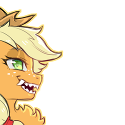 Size: 1159x1159 | Tagged: safe, artist:cold-blooded-twilight, part of a set, applejack, earth pony, pony, g4, applejack's hat, chest fluff, cowboy hat, fangs, female, freckles, hair tie, hat, open mouth, sharp teeth, simple background, solo, teeth, transparent background