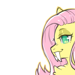 Size: 1159x1159 | Tagged: safe, artist:cold-blooded-twilight, part of a set, fluttershy, pegasus, pony, sabertooth pony, g4, chest fluff, fangs, female, simple background, solo, transparent background