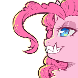 Size: 1159x1159 | Tagged: safe, artist:cold-blooded-twilight, part of a set, pinkie pie, earth pony, pony, g4, chest fluff, curly hair, eyeshadow, fangs, female, makeup, sharp teeth, simple background, solo, teeth, transparent background