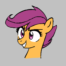 Size: 218x217 | Tagged: safe, artist:kabayo, scootaloo, pegasus, pony, g4, aggie.io, bust, female, filly, foal, gray background, gritted teeth, lowres, simple background, smiling, solo, teeth