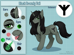 Size: 4050x3018 | Tagged: safe, artist:bellfa, derpibooru exclusive, oc, oc only, oc:braunly, pony, unicorn, black hair, black mane, black tail, eyelashes, female, green eyes, happy, horn, looking at you, magic, magic aura, mare, pony oc, reference sheet, smiling, smiling at you, solo, tail, teeth, unicorn oc