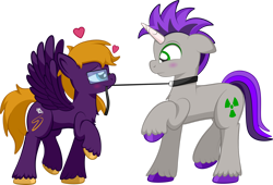Size: 1920x1302 | Tagged: safe, artist:alexdti, oc, oc only, oc:freako, oc:purple creativity, pegasus, pony, unicorn, chest fluff, female, floating heart, heart, leash, male, mare, mouth hold, not sure if want, pet play, simple background, stallion, straight, transparent background