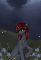 Size: 2048x2992 | Tagged: safe, artist:enderbee, oc, oc only, oc:willow wisp, firefly (insect), insect, pony, unicorn, fallout equestria, commission, fallout equestria: of shadows, female, flower, high res, night, scar, sitting, solo, ych result