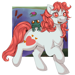 Size: 1600x1600 | Tagged: safe, artist:cinnamonsparx, sweetheart, earth pony, frog, pony, g1, my little pony tales, female, heart, lake, simple background, solo, transparent background, water