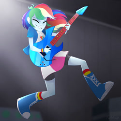 Size: 1280x1280 | Tagged: safe, artist:pointdelta, rainbow dash, human, equestria girls, g4, my little pony equestria girls: rainbow rocks, awesome as i want to be, boots, electric guitar, eyebrows, eyes closed, female, grin, guitar, midair, musical instrument, redraw, rocking out, shoes, smiling, solo, tomboy