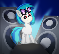 Size: 7200x6600 | Tagged: safe, artist:agkandphotomaker2000, dj pon-3, vinyl scratch, pony, unicorn, g4, absurd resolution, lights, looking at you, looking down, looking down at you, pedestal, red eyes, simple background, solo, speaker, sunglasses, vinyl's glasses, wrong eye color