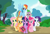 Size: 4848x3280 | Tagged: safe, artist:spookitty, applejack, fluttershy, pinkie pie, rainbow dash, rarity, spike, starlight glimmer, twilight sparkle, alicorn, dragon, pegasus, pony, unicorn, pony tale adventures, g4, my little pony: friendship is magic, my little pony: rainbow roadtrip, book, cloud, dirt, journal, magic, mane seven, mane six, tree, twilight sparkle (alicorn), winged spike, wings