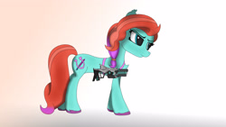 Size: 3840x2160 | Tagged: safe, artist:straighttothepointstudio, jazz hooves, earth pony, pony, g5, my little pony: make your mark, my little pony: tell your tale, angry, blue eyes, digital art, female, gun, hair tie, high res, mare, rifle, simple background, solo, unshorn fetlocks, weapon