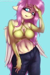 Size: 1000x1500 | Tagged: safe, alternate version, artist:shad0w-galaxy, fluttershy, pegasus, anthro, g4, belly button, blushing, breasts, busty fluttershy, cleavage fluff, clothes, cute, ear fluff, female, floppy ears, mare, open mouth, pants, shyabetes, simple background, solo, sweater, wings