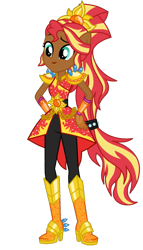 Size: 549x960 | Tagged: safe, artist:mixiepie, color edit, edit, editor:black-bonnie, sunset shimmer, human, equestria girls, g4, my little pony equestria girls: legend of everfree, alternate hairstyle, boots, clothes swap, crystal guardian, dark skin, high heel boots, palette swap, ponied up, ponytail, recolor, shoes, simple background, skin color edit, solo, transparent background, vector