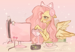 Size: 2092x1456 | Tagged: safe, artist:faiirychild, fluttershy, pegasus, pony, g4, cat ears, controller, cup, cute, desktop, female, floppy ears, gamershy, gaming, gaming headset, green tea, headset, mare, monster energy, open mouth, shyabetes, solo, teacup