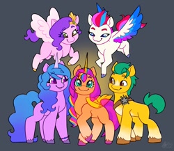 Size: 1024x889 | Tagged: safe, artist:catmintyt, hitch trailblazer, izzy moonbow, pipp petals, sunny starscout, zipp storm, alicorn, earth pony, pegasus, pony, unicorn, g5, my little pony: a new generation, :3, cute, female, flying, male, mane five, mare, race swap, stallion, sunnycorn