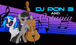 Size: 3162x1897 | Tagged: safe, artist:greenmachine987, dj pon-3, octavia melody, vinyl scratch, earth pony, pony, unicorn, g4, bipedal, cello, female, headphones, mare, musical instrument, wallpaper