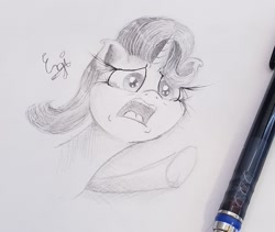 Size: 1701x1437 | Tagged: safe, artist:engi, starlight glimmer, pony, unicorn, a horse shoe-in, g4, female, open mouth, pencil, pencil drawing, phyllis no!, simple background, solo, teary eyes, traditional art