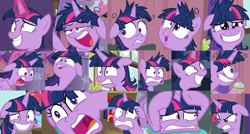 Size: 1821x978 | Tagged: safe, edit, edited screencap, screencap, cup cake, pinkie pie, spike, twilight sparkle, alicorn, earth pony, pony, a trivial pursuit, g4, season 9, angry, bell, close-up, crazy face, facial expressions, faic, female, floppy ears, grin, gritted teeth, insanity, magic, magic aura, mare, messy mane, nervous, nervous smile, offscreen character, open mouth, shrunken pupils, smiling, solo focus, spread wings, teeth, telekinesis, this is trivia trot, this will end in randomness, twilight being twilight, twilight snapple, twilight sparkle (alicorn), twilight sparkle is best facemaker, twilight sparkle is not amused, twilighting, unamused, wings
