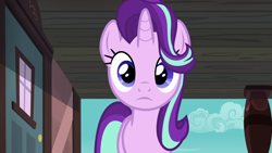 Size: 1280x720 | Tagged: safe, screencap, starlight glimmer, pony, unicorn, g4, season 7, uncommon bond, confused, female, low angle, mare, offscreen character, pov, solo, train station