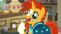 Size: 1280x720 | Tagged: safe, screencap, sunburst, pony, unicorn, g4, uncommon bond, cloak, clothes, cute, excited, glasses, male, raised hoof, solo, stallion, sunbetes