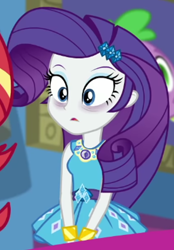Size: 418x602 | Tagged: safe, screencap, rarity, spike, spike the regular dog, sunset shimmer, dog, human, blizzard or bust, equestria girls, equestria girls specials, g4, my little pony equestria girls: better together, my little pony equestria girls: holidays unwrapped, bags under eyes, cropped, exhausted, female, geode of shielding, magical geodes, rarity peplum dress