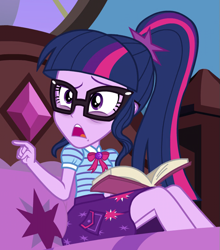 Size: 673x766 | Tagged: safe, screencap, sci-twi, twilight sparkle, human, blizzard or bust, equestria girls, equestria girls specials, g4, my little pony equestria girls: better together, my little pony equestria girls: holidays unwrapped, bags under eyes, book, cropped, female, geode of telekinesis, magical geodes, ponytail, solo