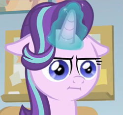 Size: 583x549 | Tagged: safe, edit, edited screencap, screencap, starlight glimmer, pony, unicorn, g4, marks for effort, season 8, spoiler:s08, :i, bust, close-up, female, floppy ears, glowing, glowing horn, horn, i mean i see, magic, magic aura, mare, solo