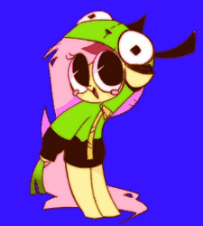 Size: 237x263 | Tagged: safe, artist:opossum-stuff, fluttershy, pegasus, pony, antonymph, cutiemarks (and the things that bind us), g4, animated, bipedal, blue background, blushing, clothes, female, fluttgirshy, gif, gir, hoodie, invader zim, leek, mare, reference, simple background, solo, vylet pony
