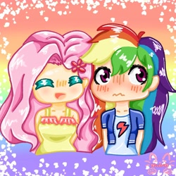 Size: 1280x1280 | Tagged: safe, artist:niveria25, fluttershy, rainbow dash, human, g4, blushing, duo, duo female, female, humanized, lesbian, rainbow background, ship:flutterdash, shipping, smiling, wavy mouth