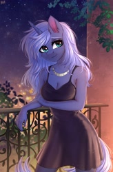 Size: 2500x3800 | Tagged: safe, artist:hakaina, oc, oc only, oc:midnight starfall, unicorn, anthro, anthro oc, balcony, black dress, breasts, cleavage, clothes, dress, eyebrows, female, glare, hand on arm, high res, horn, jewelry, little black dress, looking at you, necklace, night, not luna, smiling, smiling at you, solo, unicorn oc