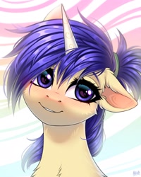 Size: 1640x2048 | Tagged: safe, artist:hakaina, oc, oc only, oc:iris sparkler, pony, unicorn, blushing, one ear down, smiling, solo