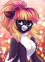 Size: 2500x3400 | Tagged: safe, artist:hakaina, oc, oc only, pegasus, pony, abstract background, bust, colored, colored belly, eyelashes, facial markings, fluffy, grin, high res, looking at you, pale belly, shading, slender, smiling, smiling at you, solo, thin, white belly