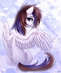 Size: 2500x3000 | Tagged: safe, artist:hakaina, oc, oc only, pegasus, pony, ear piercing, fluffy, high res, looking at you, looking back, looking back at you, partially open wings, piercing, sitting, slender, solo, spine, thin, wing piercing, wings