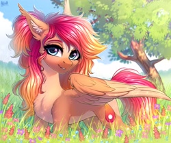 Size: 3500x2922 | Tagged: safe, artist:hakaina, oc, oc only, oc:nova rossi, pegasus, pony, chest fluff, concave belly, ear fluff, flower, fluffy, high res, scenery, slender, solo, thin, tree