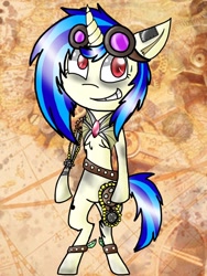 Size: 768x1024 | Tagged: safe, artist:ask-broken-peace, dj pon-3, vinyl scratch, pony, unicorn, g4, bipedal, female, goggles, horn, mare, red eyes, smiling, steampunk, wrong eye color