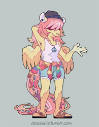 Size: 625x800 | Tagged: safe, artist:chocodile, part of a set, fluttershy, anthro, plantigrade anthro, g4, arm behind head, breasts, butch, clothes, female, full body, gray background, hair, hair over eyes, hat, hippie, hippieshy, jewelry, leg hair, necklace, peace symbol, sandals, shorts, simple background, smiling, solo, standing, tank top, url, wings