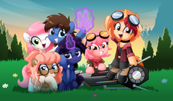 Size: 5000x2923 | Tagged: safe, artist:jhayarr23, oc, oc only, oc:bizarre song, oc:sugar morning, earth pony, pony, unicorn, cape, clothes, glasses, glowing, glowing horn, goggles, grass, hand, horn, jacket, looking at you, magic, magic hands, one eye closed, peace sign, shooting star, smiling