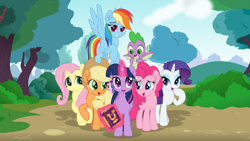 Size: 3840x2160 | Tagged: safe, artist:spookitty, applejack, derpy hooves, fluttershy, pinkie pie, rainbow dash, rarity, spike, starlight glimmer, twilight sparkle, alicorn, dragon, pegasus, pony, unicorn, g4, my little pony: rainbow roadtrip, book, cloud, dirt, high res, journal, magic, mane seven, mane six, pony tale adventures, tree, twilight sparkle (alicorn), winged spike, wings